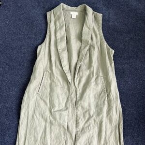 St. Tropez Vest Womens Large Green 100% Linen Long Open Front Duster Sleeveless